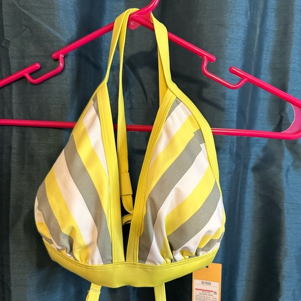 Kona Sol Yellow and Gray Striped Bikini Top. D/DD NWT